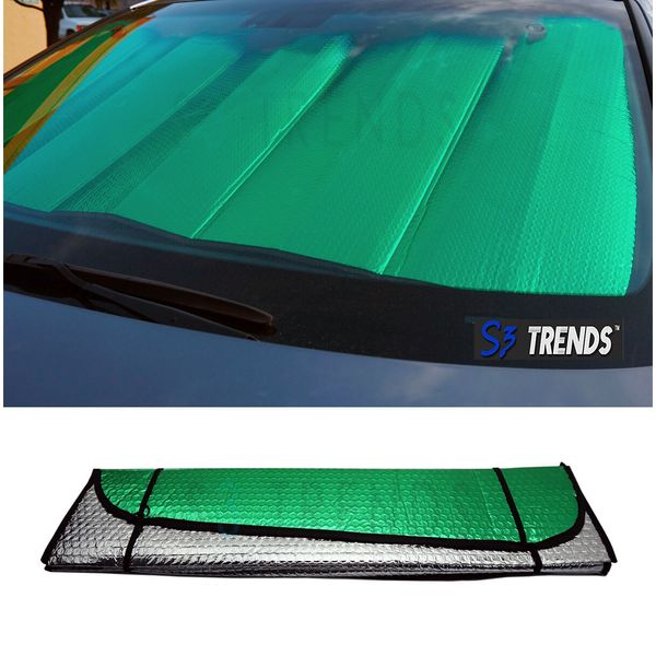 Reversible Chrome & Green Front Window Windshield Sun Shade Accordion Car 54"x27