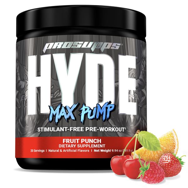 PROSUPPS Hyde Max Pump Pre Workout for Men and Women - Nitric Oxide Supplement for Pump and Endurance - Stimulant Free Pre Workout to Promote Blood Flow and Muscle Strength (Fruit Punch, 20 Servings)