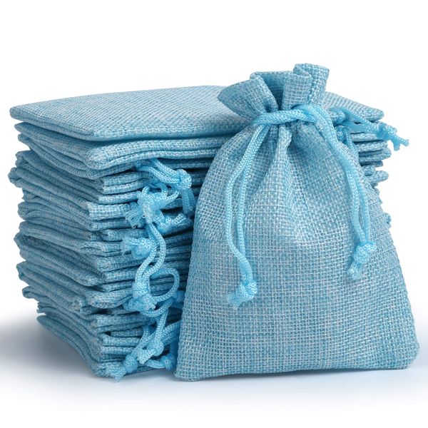 Naler 24pcs Jute Burlap Gift Bags Drawstring Linen Sack Bags Reusable Jewelry Pouches for Wedding Christmas Party Favors DIY Craft Presents, Aqua Blue