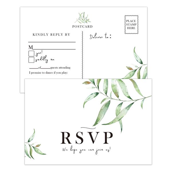 50 RSVP Postcards, Rsvp Cards for Wedding, Bridal Shower, Baby Shower, Greenery RSVP Response Cards, 4 x 6 Inches.