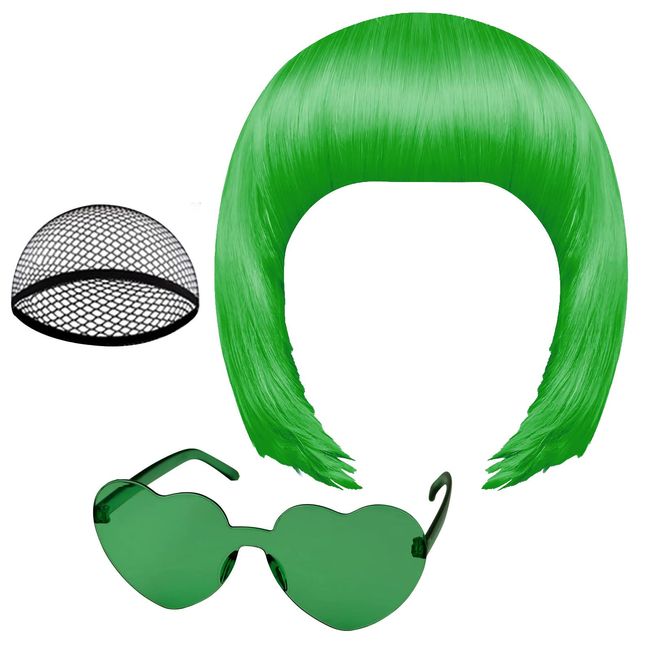Green Short Bob Wig and Sunglass Set, Neon Short Bob Wig Sunglass Pack Costume Colorful Cosplay Wig Hairpieces for Bachelorette Neon Party Favors, Party Wigs Halloween Decorations(green)