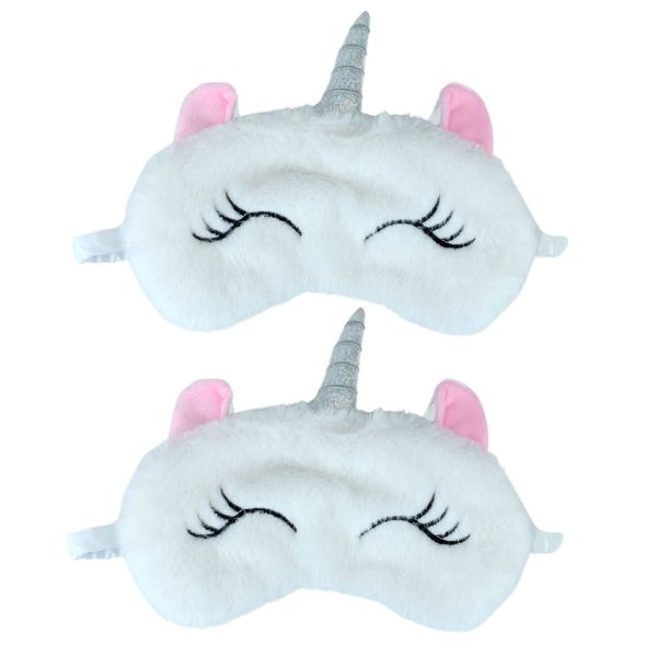 2 Pcs Eye Mask for Sleeping, Funny Blindfold, Soft Silk Plush Sleep Eye Mask for Girls, Women, Men, Kids (White Unicorn 2Pcs)