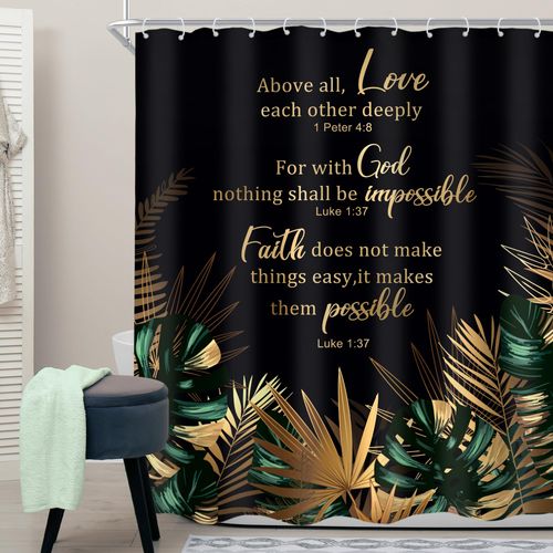 Cinbloo Gold and Green Palm Leaves 60Wx72H Shower Curtain Tropical Scriptures Bible Verse Bathroom Curtain Set Motivational Quotes Bath Curtain Cloth Fabric Bathroom Accessories Decor with 12 Hooks