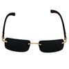 Elite Slim Rimless Rectangular Metal & Wood Art Aviator Sunglasses (Black)