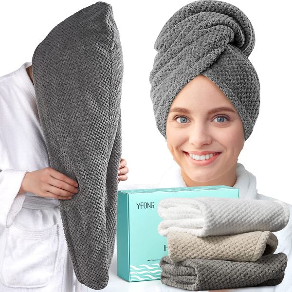 YFONG 3 Pack Large Microfiber Hair Towel Wrap, 30" x 10" Anti Frizz Quick Dry Hair Towels for Women Long, Curly, Thick Hair, Super Absorbent Hair Turban for Wet Hair (Grey, White, Camel)