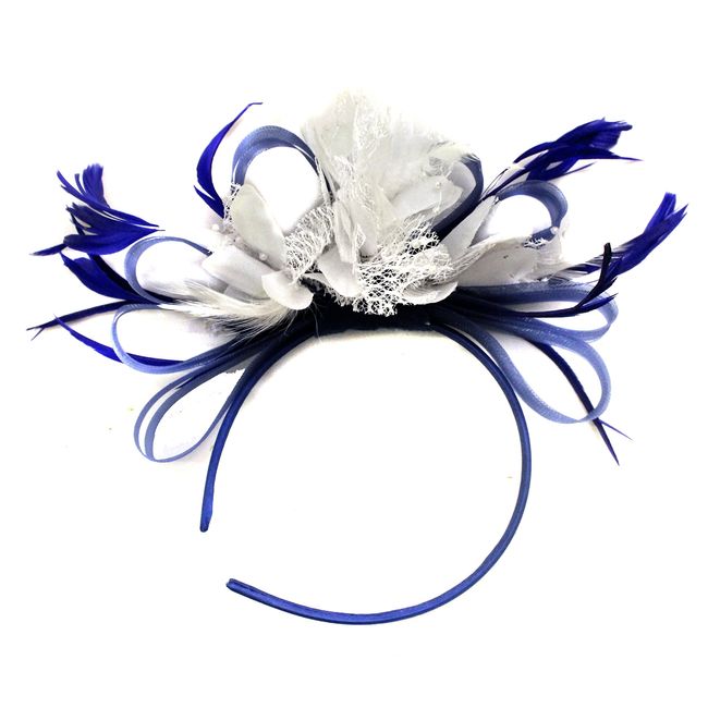 Caprilite Fashion Royal Blue and White Net Hoop Feather Hair Fascinator Headband Wedding Royal Ascot Races