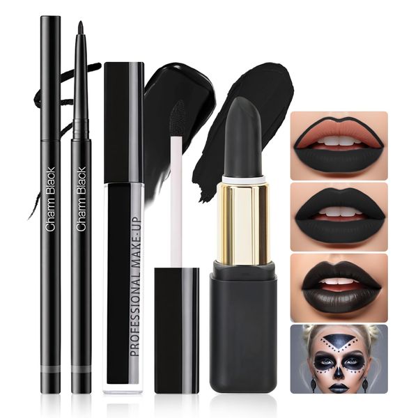 Prreal Black Matte Liquid Lipstick 3PCS,Moisturising Lip Gloss, Non-Stick Cup Velvet Lip Liner and Lipstick Set,24h Hold On Lips,Waterproof Eyeliner Lipliner for Halloween Christmas Lip Makup Set