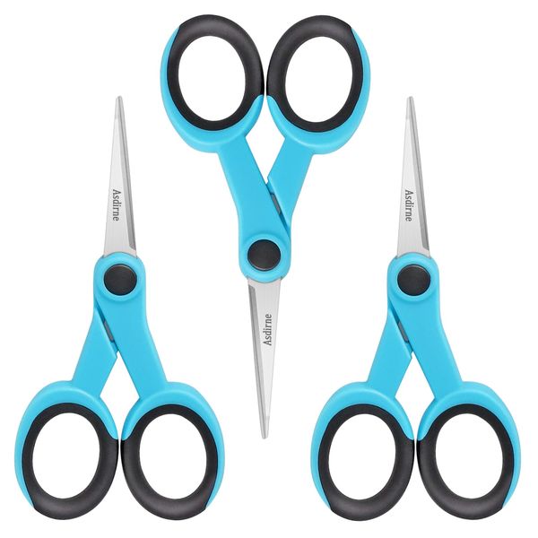 Asdirne 5” Detail Scissors, Embroidery Scissors with Sharp Stainless Steel Blade and Soft Handles, Great for Sewing, Craft, Office and School, 3 Pcs, Blue/Black