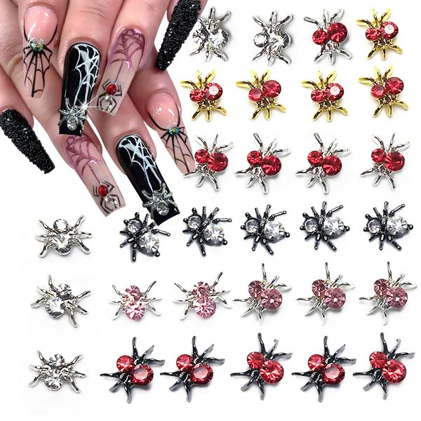 30Pcs Halloween Nail Charms 3D Spider Nail Charm Gold Silver Spider Nail Red Jewelry Gems Shiny Alloy Designs Goth Nail Charm Nail Set for Women Acrylic Nails Supplies DIY Horror Nail Art Decorations