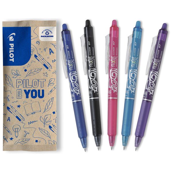 PILOT FriXion Clicker 0.7 - Pack of 5 - Colours Blue/Black/Pink/Light Blue/Purple - Erasable Refillable Gel Rollerball Pen with Retractable Mechanism and Thermosensitive Ink, Medium Tip