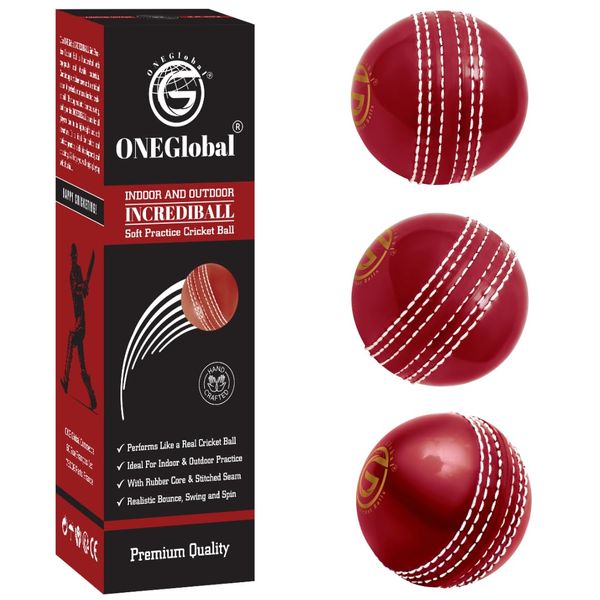 ONEGlobal Soft & Safe Practice Cricket Ball | Weicher & Sicherer Gummi-Cricketball zum Üben | Mit Echter Naht & Kern für Hüpfen & Schwingen | Ideal für Selbstvertrauen & Streichhölzer (3-Rot)