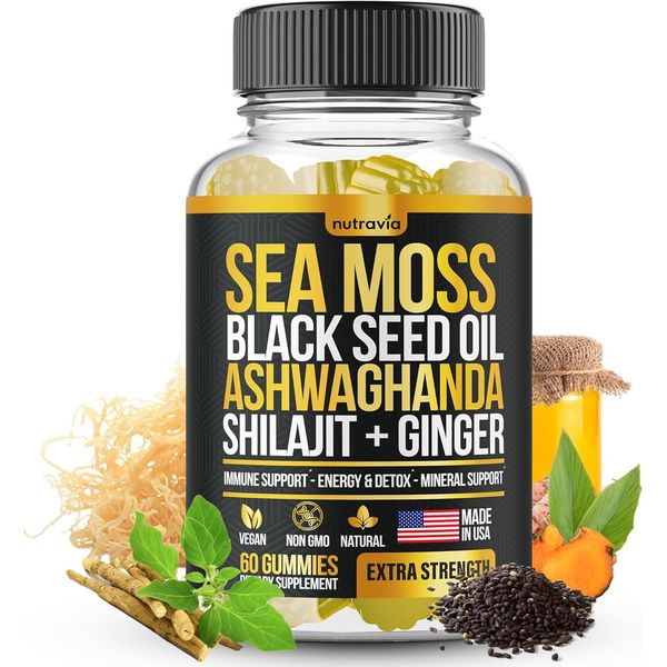 Sea Moss, Black Seed Oil, Ashwagandha, Ginger, Shilajit Gummies with Elderberry,