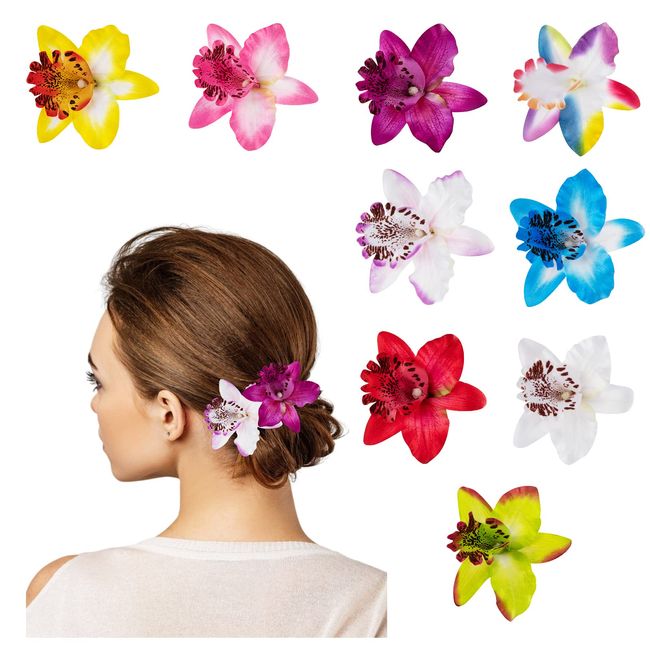 HIFOT 9Pcs Hawaiian Flower Hair Clips Women Girls Hair Pins Set, Crocodile Clips Hair Colourful Phalaenopsis, Hair Accessories for Women Party Beach Wedding, Tropical Fancy Dress Accessory 8CM