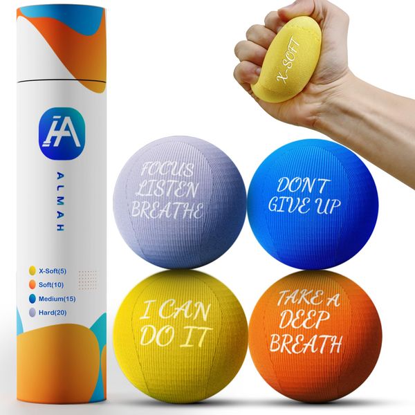 ALMAH Stress Balls for Adults 4 Density Hardness, Squeeze Ball Physical Therapy 4 Pack Hand Exercise balls for Stress Relief Anxiety, Stress Ball for Finger Wrist Muscles Arthritis Hand Therapy