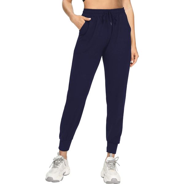 EUHOM Jogginghose Damen Sporthose Lang High Waist Sweathose Freizeithosen mit Taschen Kordelzug Trainingshose Yoga Hosen Lounge Pants Damen Jogger(Navy Blau, M)