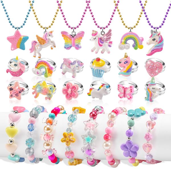 xFFFun Little Girls Jewelry Ages 4-6, Kids Unicorn Play Jewelry Set, Rings Necklaces Bracelets for Toddler Girl 3-5 5-7, Costume Dress Up Jewelry 6-8, Princess Party Birthday Gifts for 3 4 5 6 7 8