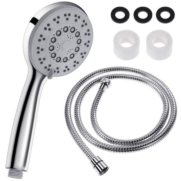 Rovtop Shower Head and Hose Set, 1.5m Stainless Steel Hose with 3 Gasket Rings and 1 Tape Flexible Hose, High Pressure Handheld Shower Head and Hose, Water Saving Shower Head(Natural Silver)