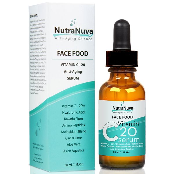 NutraNuva Face Food Anti Aging Natural 20% Vitamin C Serum Complex VEGAN Formula, Kakadu Plum, Hyaluronic Acid, Peptides, Aquatic Plants, Aloe and more for Wrinkles, Age Spots, Collagen,1 fl. Oz