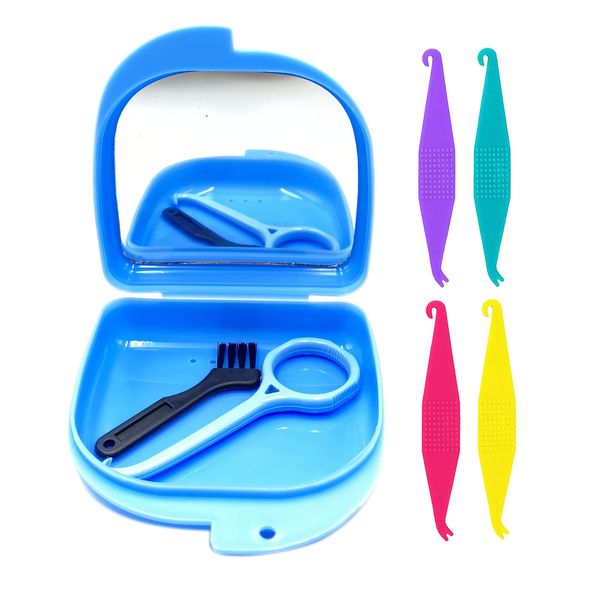 HRASY Oral Care Disassembly Kit/7pcs Including 1 Retainer Case With Mirror and Vent Holes | 1 Aligner Remover Tool | 4 Elastic Rubber Bands Placers | 1 Cleaning Brush (Blue)