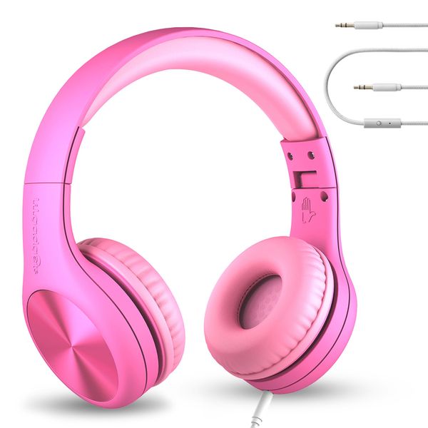 LilGadgets Connect+ Pro Kids Headphones For School - Designed With Kids' Comfort In Mind, Foldable Over-Ear Headset With In-Line Microphone, Kids Headphone Wired, Pink Headphones