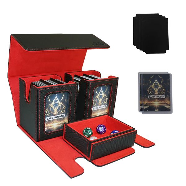 Card Deck Box for MTG, Commander Deck Case Fits 200+ Double-Sleeved Cards, 14 Magnets Leather Removable Card Storage Box with 2 Commander Display, 4 Dividers and Dice Tray fit TCG CCG,Black&Red