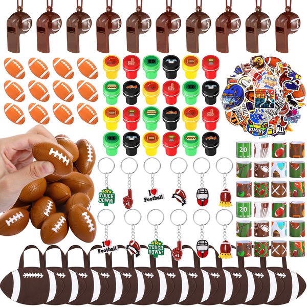 Aoriher 158 Pcs Football Party Favors Set Bulk Sport Non Woven Gift Bags Slap Bracelets Mini Bouncy Balls Toy Whistle Keychains Sticker Stampers for Sport Party Supplies(Football)