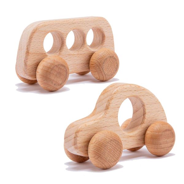 Promise Babe Organic Wooden Baby Push Toys Fine Motor Development Sensory Skills Toy Montessori Grasping Toy 2pc Wood Car Rattles