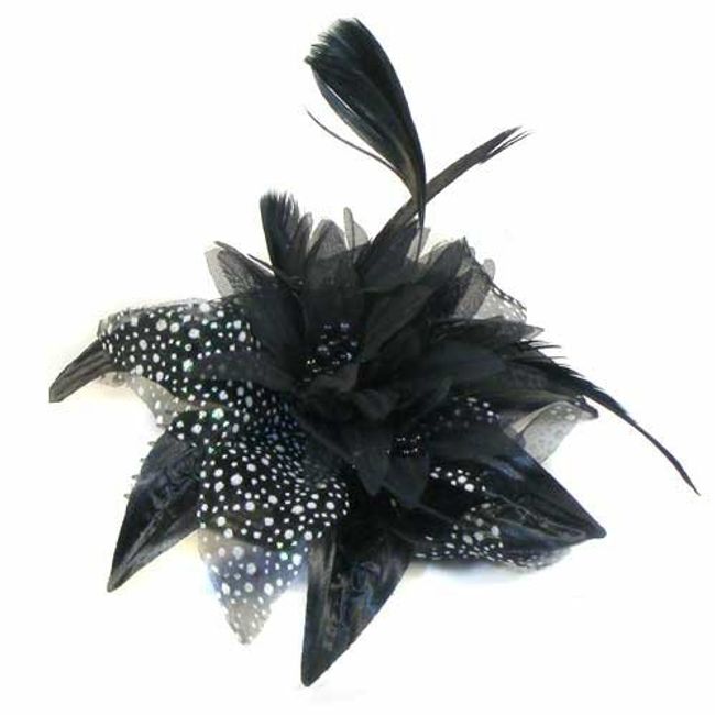 Black chiffon flower & feather fascinator on comb. Perfect for wedding, races or other special occasion.