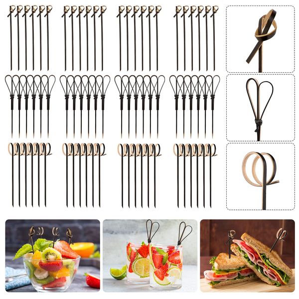 Bekecidi 300 PCS Bamboo Cocktail Sticks, 12 cm Bamboo Toothpicks Food Picks Fruit Sticks Japaneses Style Bamboo Knotted Skewers Cocktail Sticks for Drinks Canapes Food Party Supplies (Black)