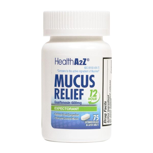 HealthA2Z® Mucus Relief | Guaifenesin 600 mg | 12 Hour | No Benzene | Expectorant | Relieves Chest Congestion | Thins and Loosens Mucus | Extended Release (75 Counts)