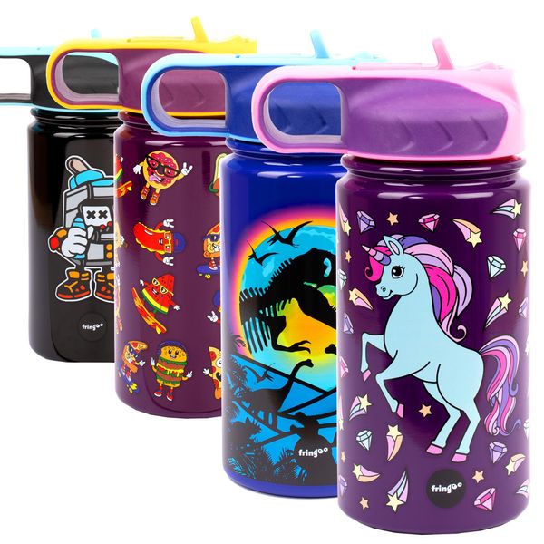 Fringoo - 350ml Toddler water bottle - Insulated Water Bottle - Stainless Steel and Straw Fliptop Durable and Cool Design - Diamond Unicorn