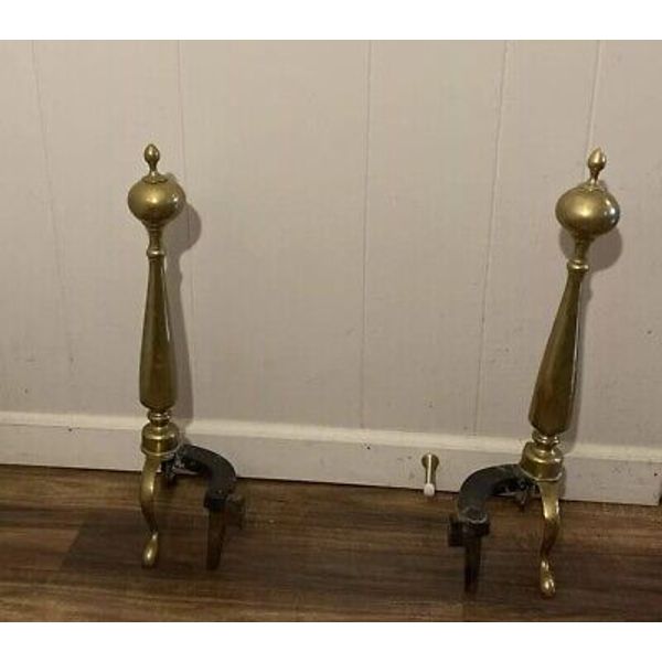 Vintage Mid Century Brass Andirons Solid Brass Fireplace Andirons Set 20”x 8”