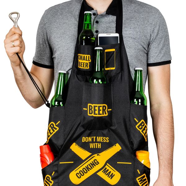 Froster Man Cooking Apron, BBQ Apron with 7 Pockets, including 4 beer pockets, Kitchen Apron for Men