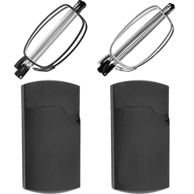 Reading Glasses 2 Pair Black and Gunmetal Readers Compact Folding Glasses for Reading for Men and WomenCase Included +2