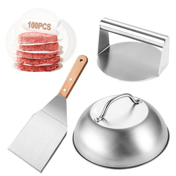 Carseatty Smash Burger Set, 4-Teilig Edelstahl Burger Set mit Burgerpresse, Burgerglocke, Grillspachtel und 100 Pcs Burger Papier, Burger Smasher Set für Leckere Hamburger, Patties, Speck, Steak