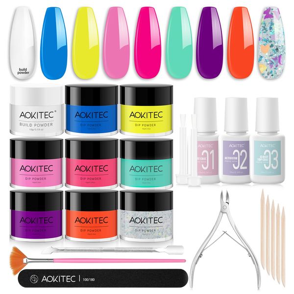 Aokitec Dip Powder Nail Kit - Hot Pink Blue Neon Dip Powder Vibrant Series 8 Summer Colors with Dip Base Activator Top Coat Dipping Powder Liquid Set for French Manicure Dip Nail Kit, Ideal Gifts