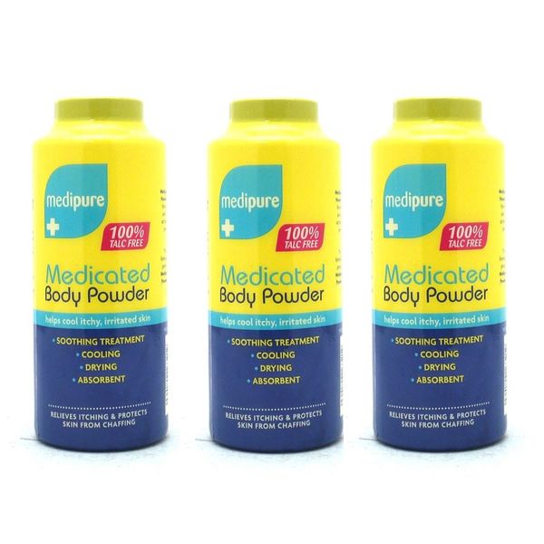 Medipure Medizinisches Körperpuder, hilft juckende, gereizte Haut zu kühlen, 100% talkfrei (200 g), 3 Stück