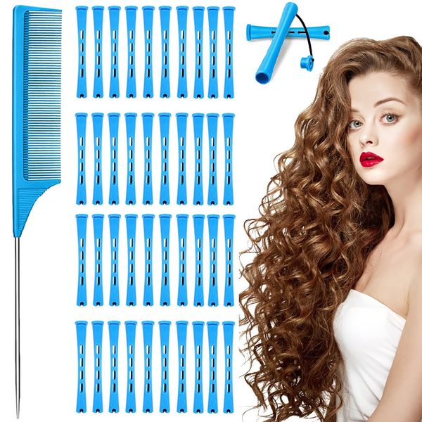 Hair Perm Rods Cold Wave Rods 40 Pieces Plastic Perming Rods Non-Slip Short Curlers Rod with Elastic Rubber Band(0.35 inches)