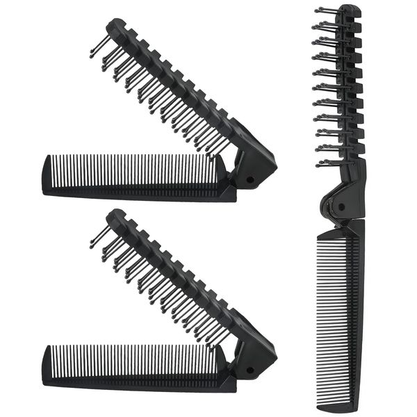 Qjaiune 3PCS Travel Foldable Brush Comb Portable Folding Comb, Anti-Static Hair Comb Mini Pocket Comb, Double Headed Hair Brush Hairdressing Tools Plastic Folding Comb for Men Women (Black)