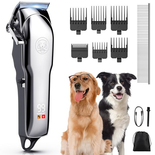 Kriogor Dog Clippers Professional for Thick Hair LED Power Display, Low Noise Cordless Dog Grooming Clipper Rechargable Pet Shaver Trimmer with Sharp Blade/6 Guide Combs for Dogs Cats