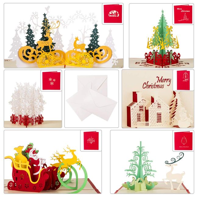 Christmas Cards, Kesote 3D Greeting Cards, Set of 6, Popping Out Christmas Ornaments, Celebration, Message Cards with Envelopes, Snowman, Snowflakes, Santa Claus, Christmas Tree, Reindeer, Room