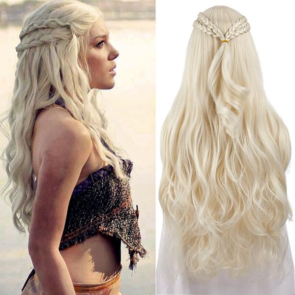 PORSMEER Dragon Queen Cosplay Wig Long Curly Wavy Braids Hair Blonde Wigs for Women Costume Halloween Party(Light Blonde)