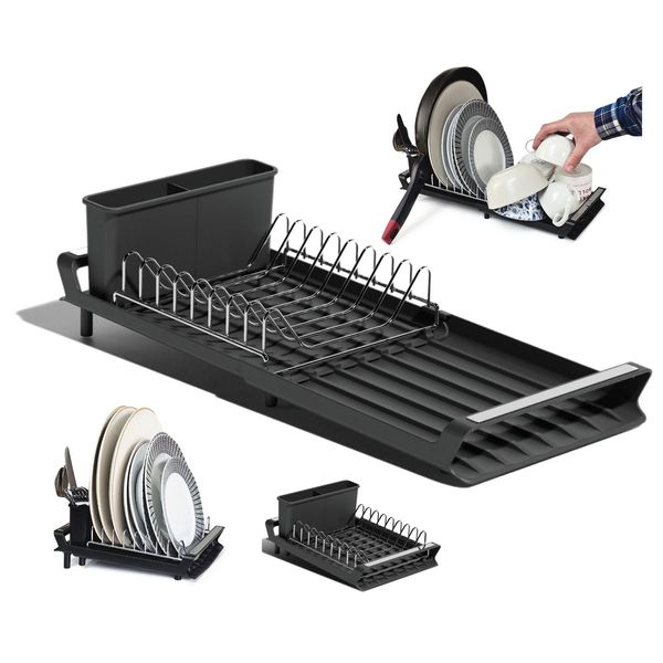 Clove Small Dish Drainer Black Compact Extensible Dish Drying Rack with Drip Tray Kitchen Sink, Plastic Caravan Draining Board with Foldable Chrome Metal Rack and Stainless Steel