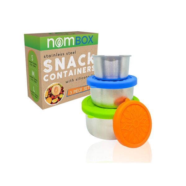 NomBox Stainless Steel Food Storage Containers – Set of 3 Kitchen Lunch/Snack Containers With Leak-proof Silicone Lids – Reusable & Washable – For Portion Control, Food Prep & Storing