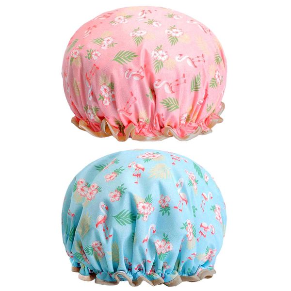 2 Pcs Bath Caps Elastic Band Double Layers Waterproof Shower Caps With Ruffled Edge Covering Ears Keeping Hair Dry Kitchen Oil-proof Cap for Girls and Women