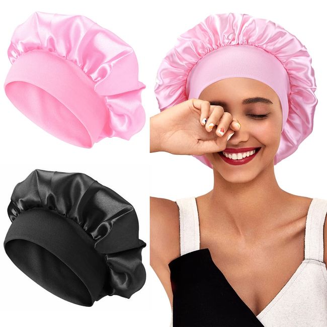 AliLeader 2PCS Silk Bonnet for Sleeping, Hair Bonnet for Curly Hair, Satin Bonnets for Sleeping, Soft Elastic Band Satin Sleep Cap (Black+Pink)