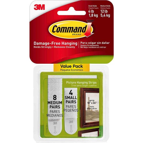 3 X Command Small and Medium Picture Hanging Strips Value Pack, 4 pairs small, 8 pairs medium (3 X Small & Medium)