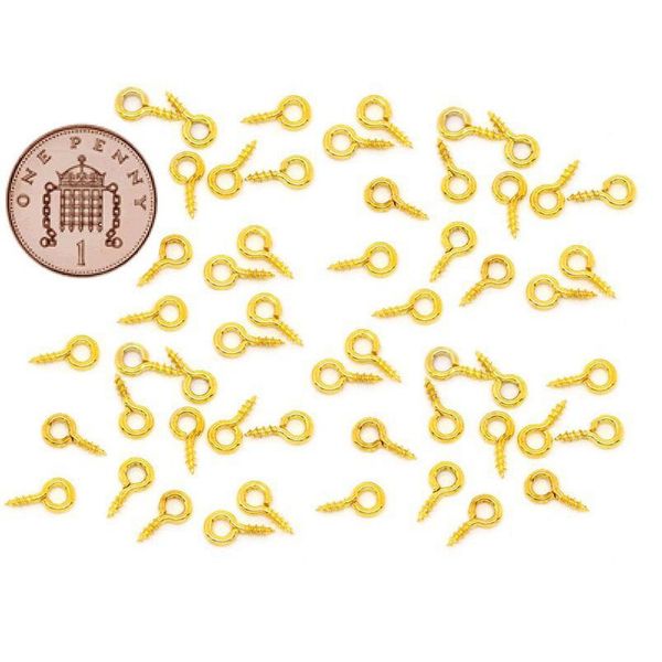100 x Small Tiny Mini Eye Pins Eyepins Hooks Eyelets Screw Threaded Bails Findings Gold 10mm