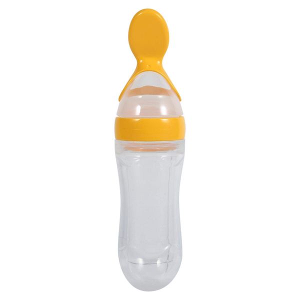 Kuuleyn Baby Cereal Feeding Bottle,1Pc 90mL Silicone Baby Toddler Feeding Bottle with Spoon Fresh Food Cereal Squeeze Feeder Hot(Yellow)