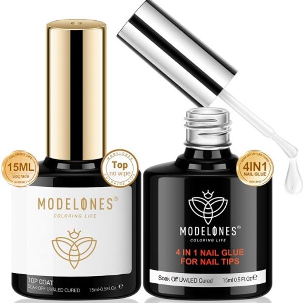 Modelones Top Coat Gel 4 in 1 Nail Glue Base Gel 15ml Nail Tip Glue &amp; Base Coat &amp; Reinforcement Gel &amp; Rhinestone Adhesive Long Lasting Shine Large Capacity